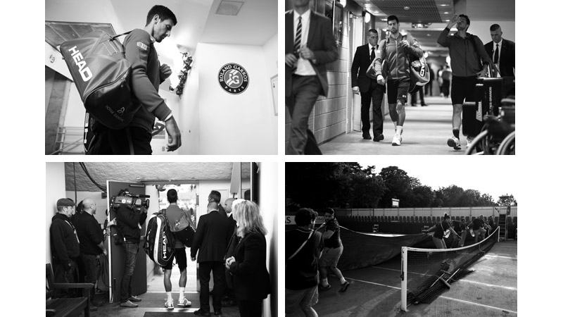 5/7 
Novak Djokovic, Serbia, at Roland Garros;
Novak Djokovic and Dominic Thiem, Roland Garros, semi-final 2016;
Novak Djokovic, Serbia, mens semi final, Roland Garros, Paris;
The courts are covered at the end of the day
