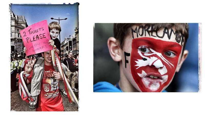17/42 Arsenal Fans, Cardiff, Wales 2001; A young Morecambe fan, Morecambe, England 2011