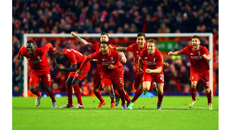 114/218 Liverpool Celebrate a penalty shoot out, Anfield, 2016